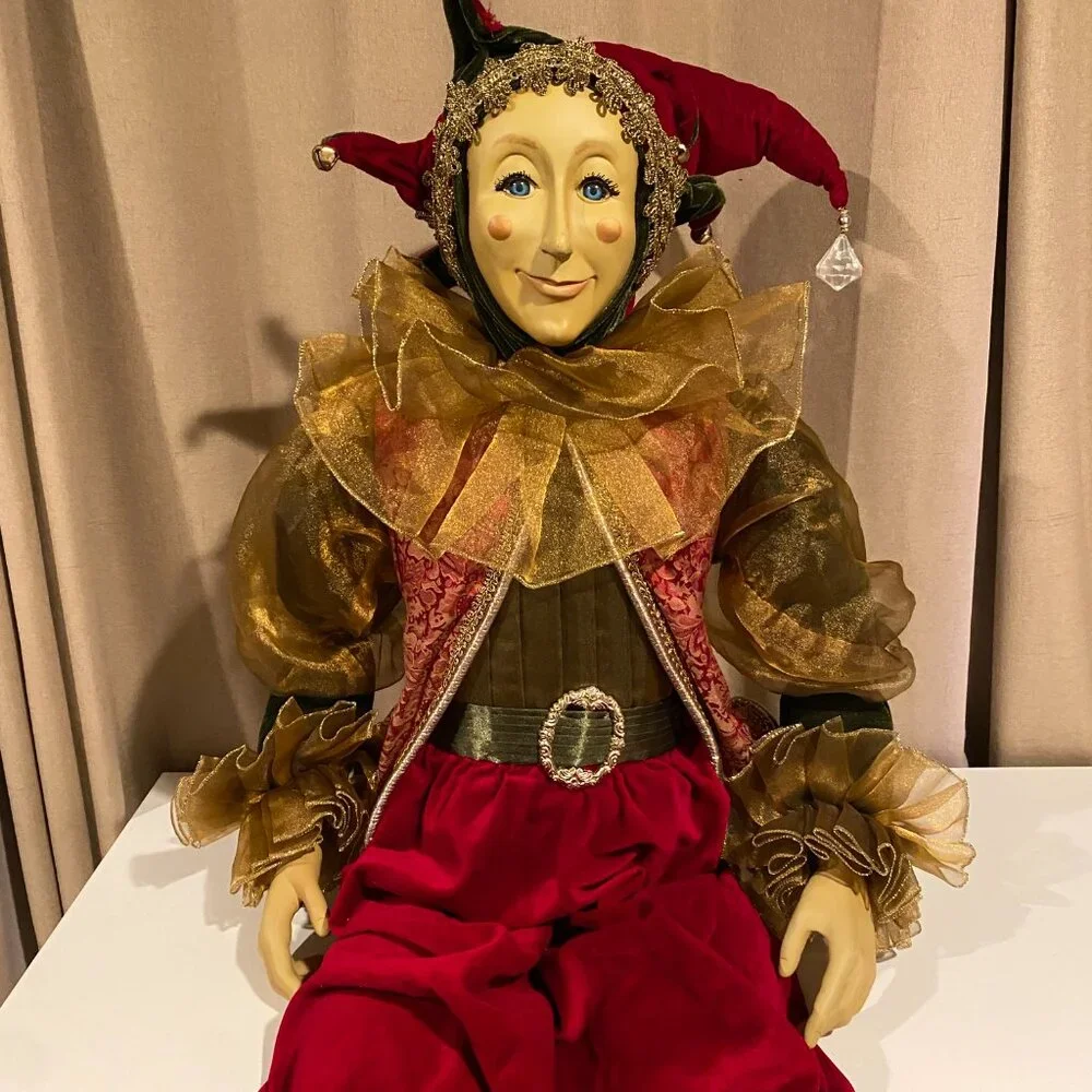 Vintage Life-Size‎ Christmas Elf Jester – 4ft Velvet Decor with Bells